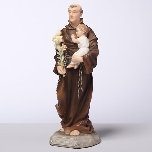 6 3/8" St. Anthony statue in polyresin, holding Child Jesus and lilies, with detailed brown robe and base label