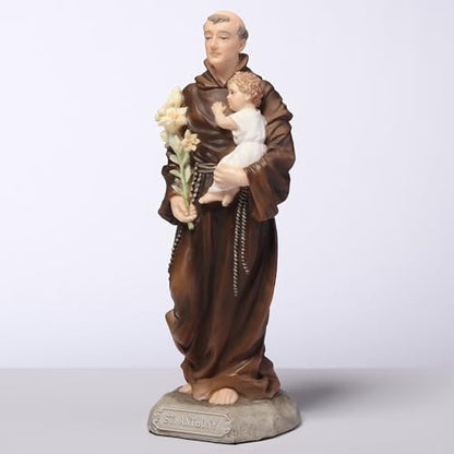6 3/8" St. Anthony statue in polyresin, holding Child Jesus and lilies, with detailed brown robe and base label