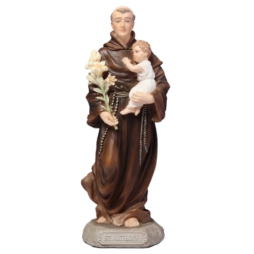 6 3/8" polyresin St. Anthony statue holding Child Jesus and lilies with detailed brown robe and base nameplate
