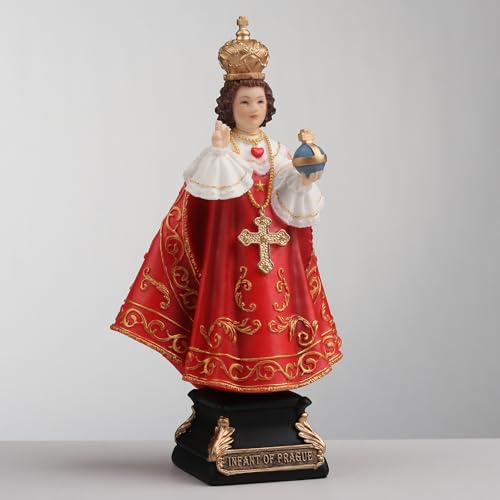 6 3/8" hand-painted Infant of Prague polyresin statue with detailed gold crown, cross, and ornate red robe on black base