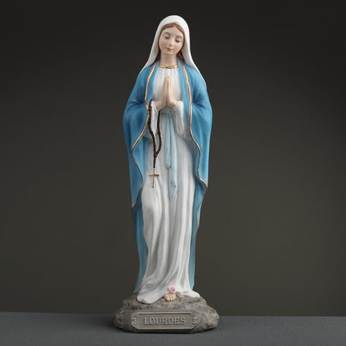 6 1/8" hand-painted polyresin Our Lady of Lourdes statue with blue mantle, white robe, and rosary detail on stone base