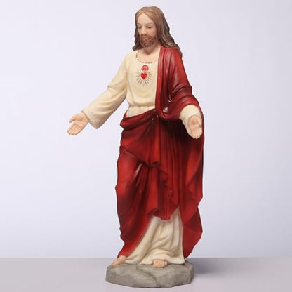 6 1/8" Sacred Heart of Jesus statue in detailed red and cream robes with open arms and radiant heart symbol on chest