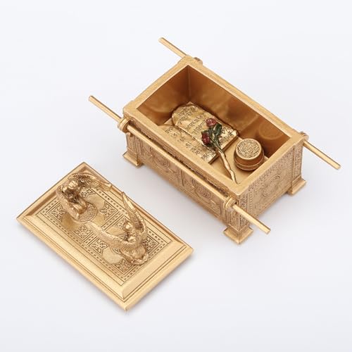 4 3/4" resin Ark of the Covenant trinket box with hand-painted gold finish, detailed lid and sacred objects inside