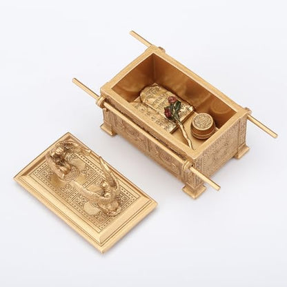 4 3/4" resin Ark of the Covenant trinket box with hand-painted gold finish, detailed lid and sacred objects inside