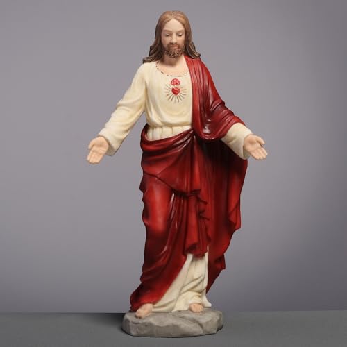 6 1/8" Sacred Heart of Jesus statue with red and cream robes, gold heart detail, and outstretched arms on stone base