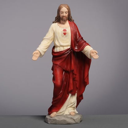 6 1/8" Sacred Heart of Jesus statue with red and cream robes, gold heart detail, and outstretched arms on stone base