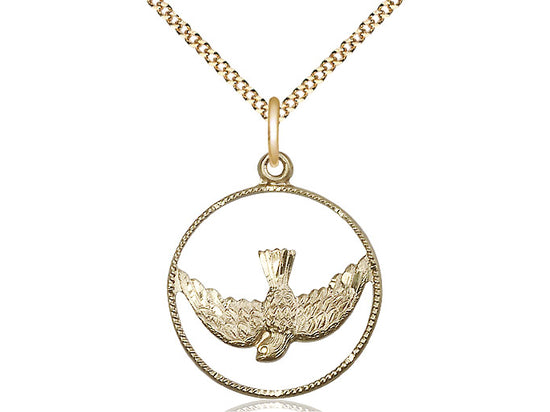 14kt gold filled Holy Spirit pendant with detailed dove design on 24 inch gold plate heavy curb chain