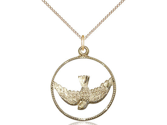 14kt gold filled pendant depicting the Holy Spirit dove inside a textured round frame on 24 inch curb chain