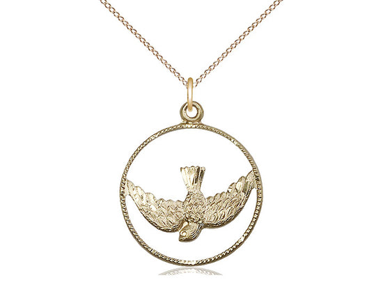 14kt gold filled Holy Spirit pendant with detailed dove inside a textured circular frame on 24 inch curb chain