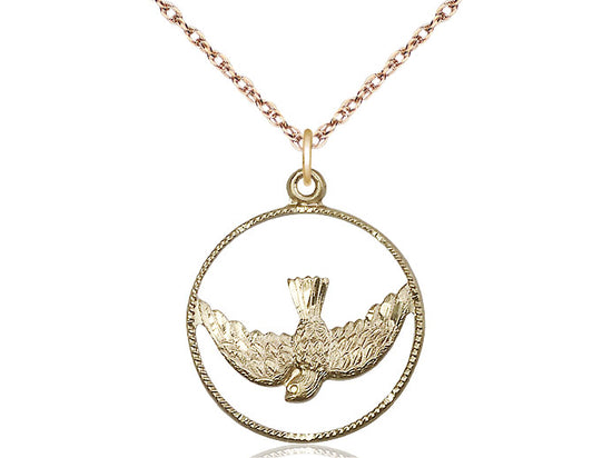 14kt gold filled Holy Spirit pendant with detailed dove design on 24-inch gold plated heavy curb chain