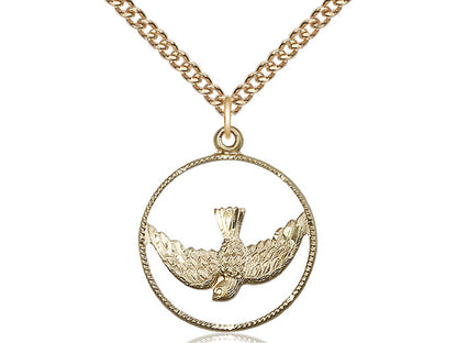 14kt gold filled Holy Spirit pendant with detailed bird design on 24-inch gold plated curb chain