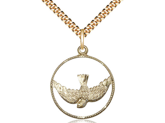 14kt gold filled Holy Spirit pendant with detailed wings on 24 inch gold plated heavy curb chain
