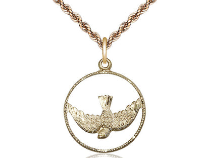 14kt gold filled Holy Spirit pendant with detailed dove design on 24 inch gold plated curb chain