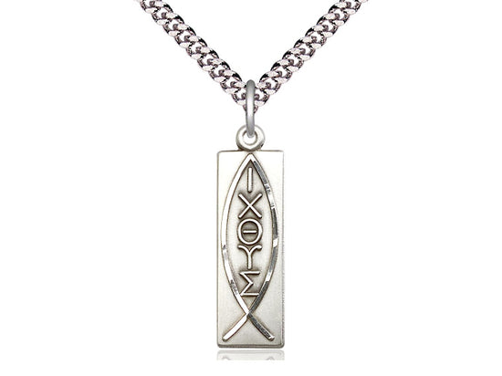 Collar De Pez De Plata De Ley Con Cadena De Plata De Ley Con Bordillo Ligero