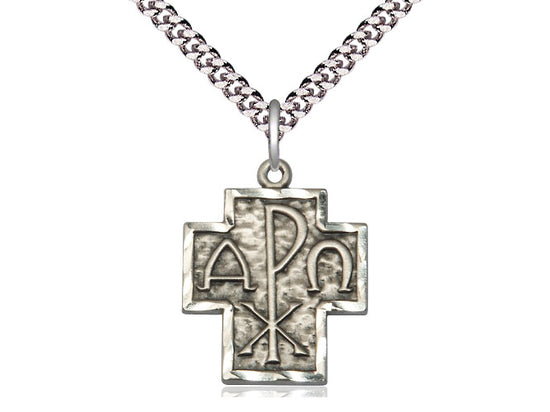 Colgante alfa de plata esterlina y omega en una cadena de acera pesada de rodio de rollo de 24 pulgadas