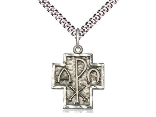 Sterling Silver Alpha & Omega Pendant on a 24-Inch Light Rhodium Heavy Curb Chain