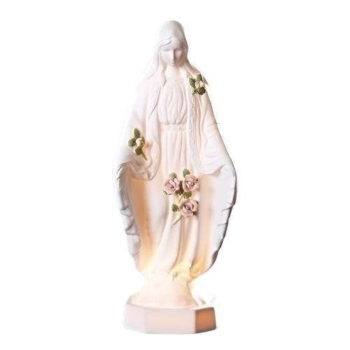 Our Lady of Grace Night Light with delicate rose accents, softly glowing, 12 inches tall with power cord included