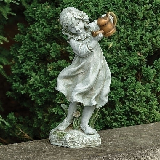 Garden statue of young girl holding a watering can, featuring flowing dress and detailed floral base, 22 inches tall.