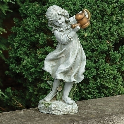 Garden statue of young girl holding a watering can, featuring flowing dress and detailed floral base, 22 inches tall.