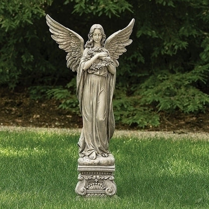 48" garden statue of an angel holding a wreath, standing on an ornate pedestal with detailed wings and robes