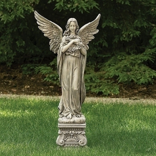 48" garden statue of an angel holding a wreath, standing on an ornate pedestal with detailed wings and robes