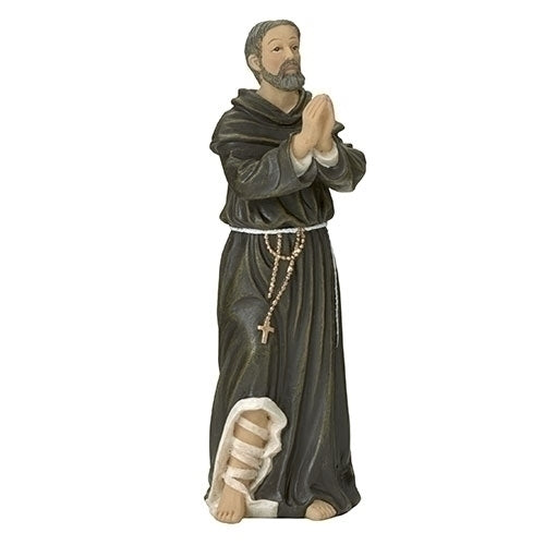 St. Peregrine statue 4 inches tall in dark robe, kneeling with bandaged leg and rosary beads, symbol of healing and hope.