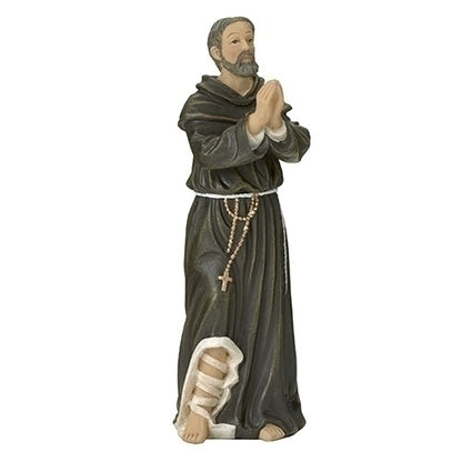 St. Peregrine statue 4 inches tall in dark robe, kneeling with bandaged leg and rosary beads, symbol of healing and hope.