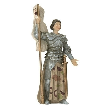 St. Joan of Arc 4.5-inch figurine in armor holding a banner and sword, symbolizing courage and faith.