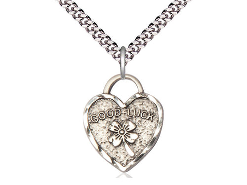 Sterling Silver Good Luck Shamrock Heart Medal on a Sterling Silver Chain