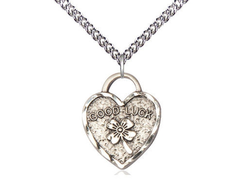 Sterling Silver Good Luck Shamrock Heart Medal on a Sterling Silver Chain