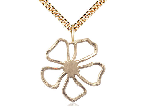 14kt Gold Filled Five Petal Flower Medal on a Gold Filled Heavy Curb Chain