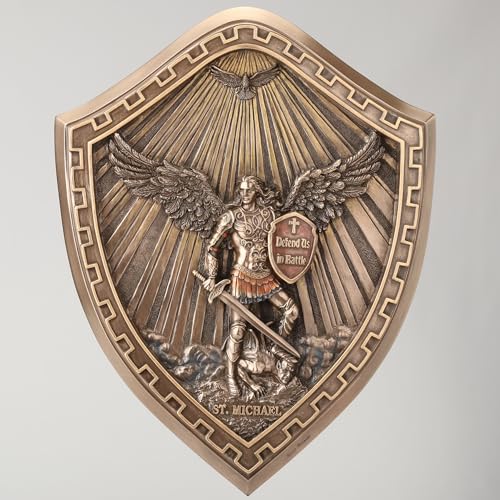 10 1/8" cold cast bronze Saint Michael shield wall plaque with detailed angel, demon, and "Defend Us in Battle" shield text