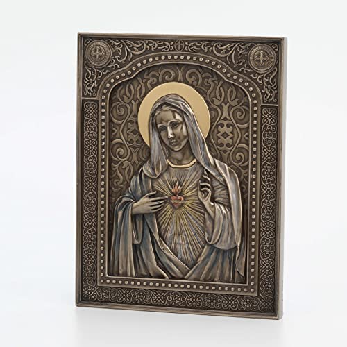 7 1/2" bronze Immaculate Heart of Mary wall plaque with detailed ornate border and radiant heart design