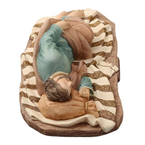 8 3/8" Sleeping St. Joseph statue hand-painted with peaceful expression, blue robe, brown blanket, and textured base