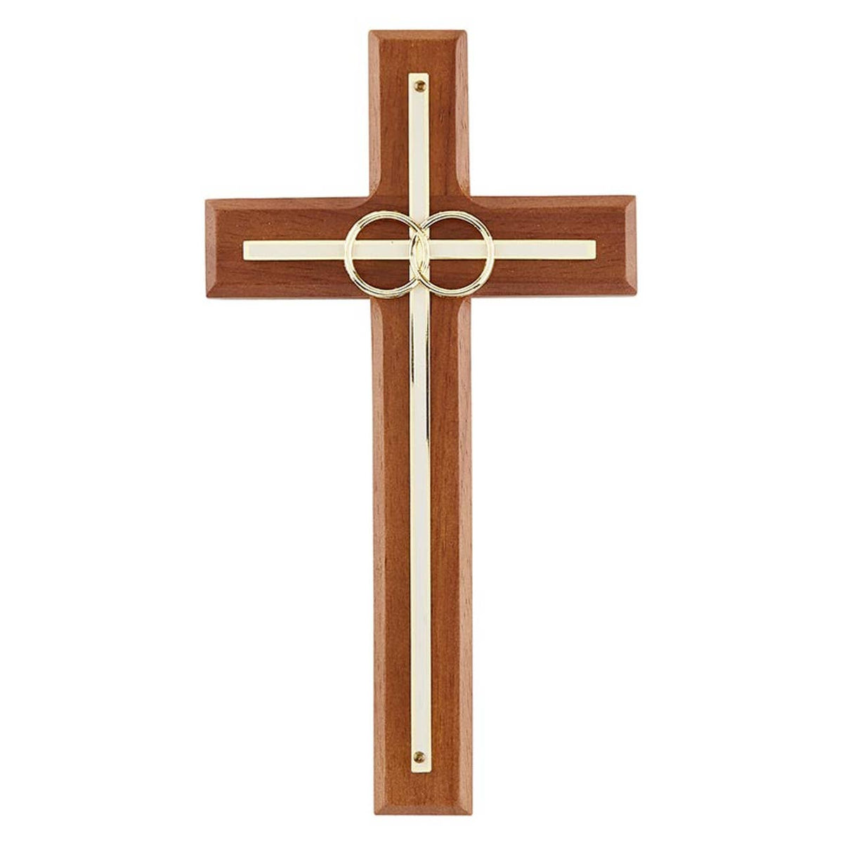 Overlay Wedding Cross With Gold Rings: Wood, Gold Plate / 4-1/2" W x 8" H