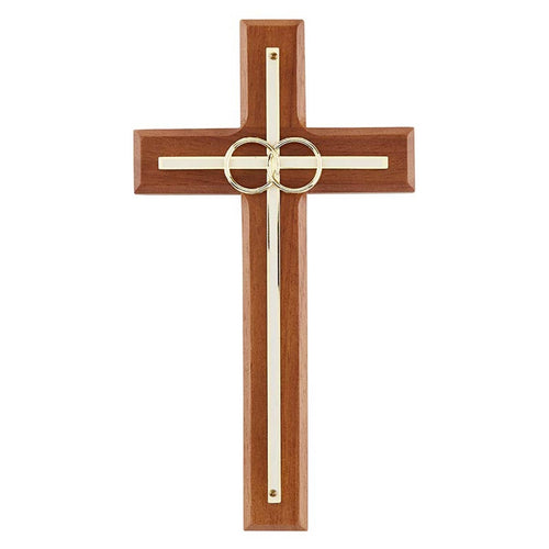 Overlay Wedding Cross With Gold Rings: Wood, Gold Plate / 4-1/2" W x 8" H
