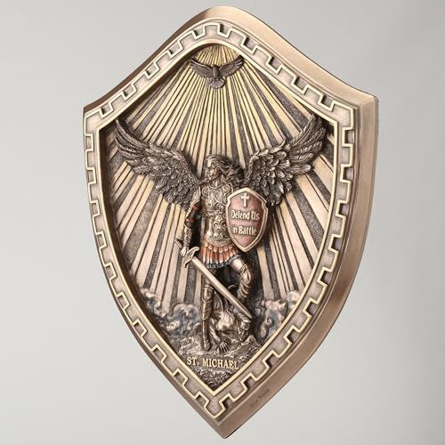 10 1/8" cold cast bronze Saint Michael crested shield wall plaque with detailed angel, sword, and "Defend Us in Battle" shield design