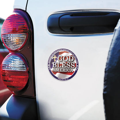 3" round God Bless America auto magnet with Psalm 33:12 verse, American flag and cross design on white background