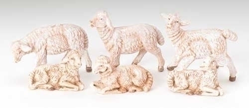 Set of six hand-painted 3.5-inch sheep figurines with detailed fur texture, perfect for nativity scene decor.