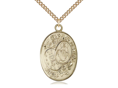 Colgante milagroso lleno de oro de 14kt en una cadena llena de oro