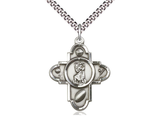 Sterling Silver Sports ST Christopher colgante en una cadena de acera pesada de Rhodium de 24 pulgadas