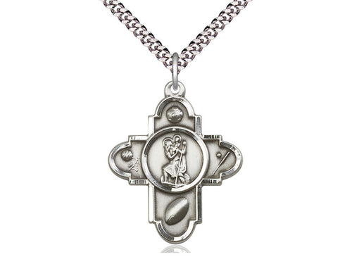 Sterling Silver Sports 5-Way St. Christopher Pendant on a 24-Inch Light Rhodium Heavy Curb Chain