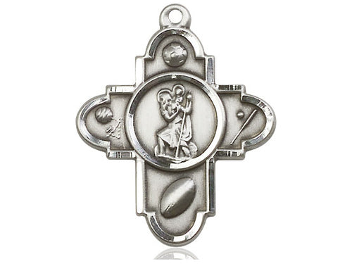 Sterling Silver Sports 5-Way St. Christopher Pendant on a 24-Inch Light Rhodium Heavy Curb Chain