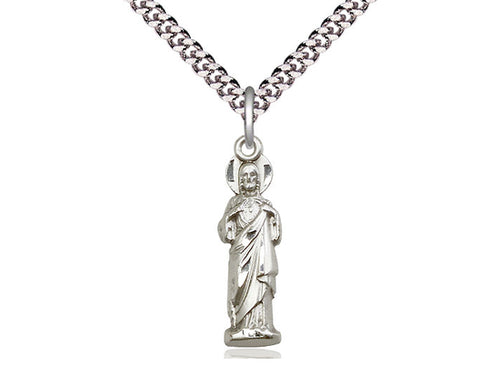 Sterling Silver Sacred Heart Pendant on a 24-Inch Light Rhodium Heavy Curb Chain