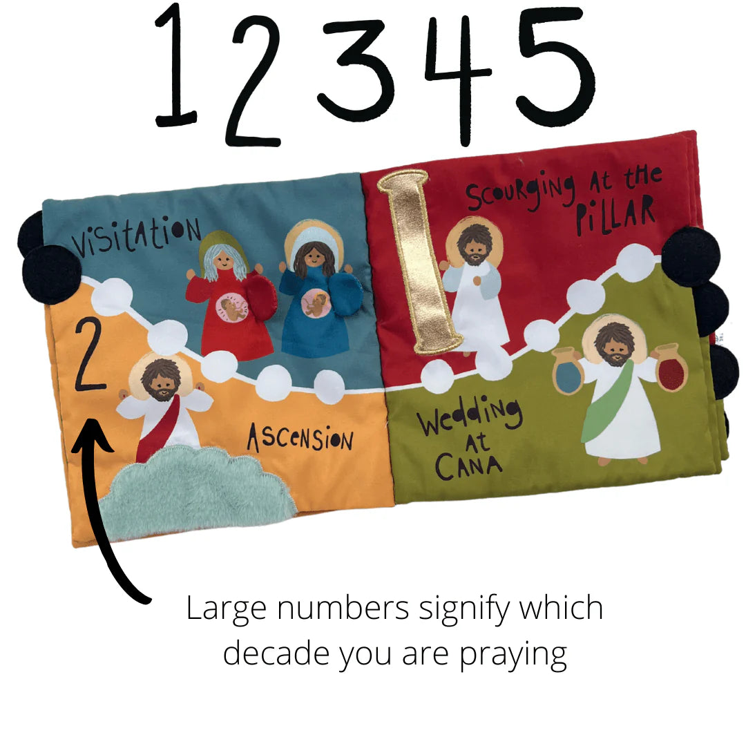 Fabric quiet book page showing colorful rosary mysteries with felt figures and large black numbers 1 to 5