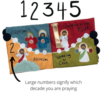 Fabric quiet book page showing colorful rosary mysteries with felt figures and large black numbers 1 to 5