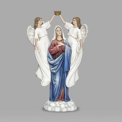 11" Mary Queen of Heaven statue with hand-painted blue and red robes, flanked by two angels holding a gold crown