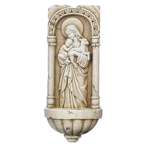 Our Lady of Innocence holy water font with cement finish featuring Virgin Mary holding baby Jesus and lamb under arch