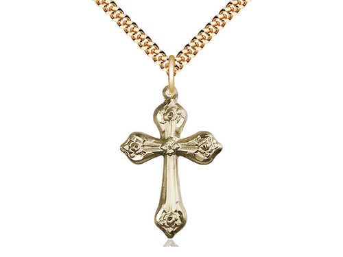 14kt Gold Filled Cross Pendant on a 24-Inch Gold Plate Heavy Curb Chain