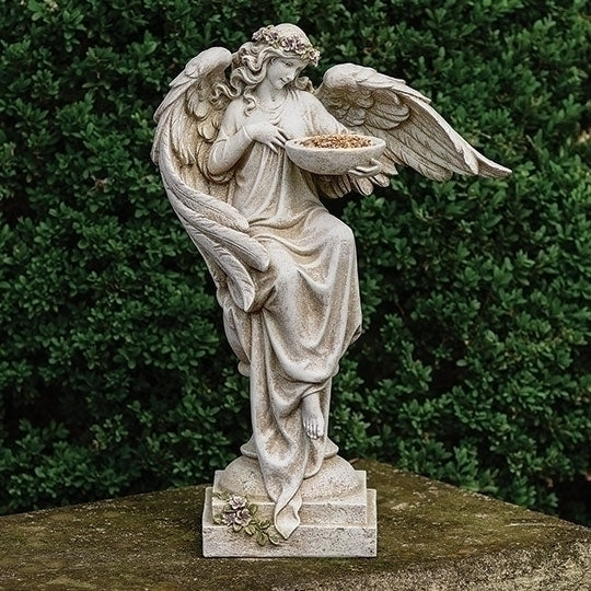 20-inch gray angel garden statue holding bird bath with detailed wings and floral accents on pedestal base